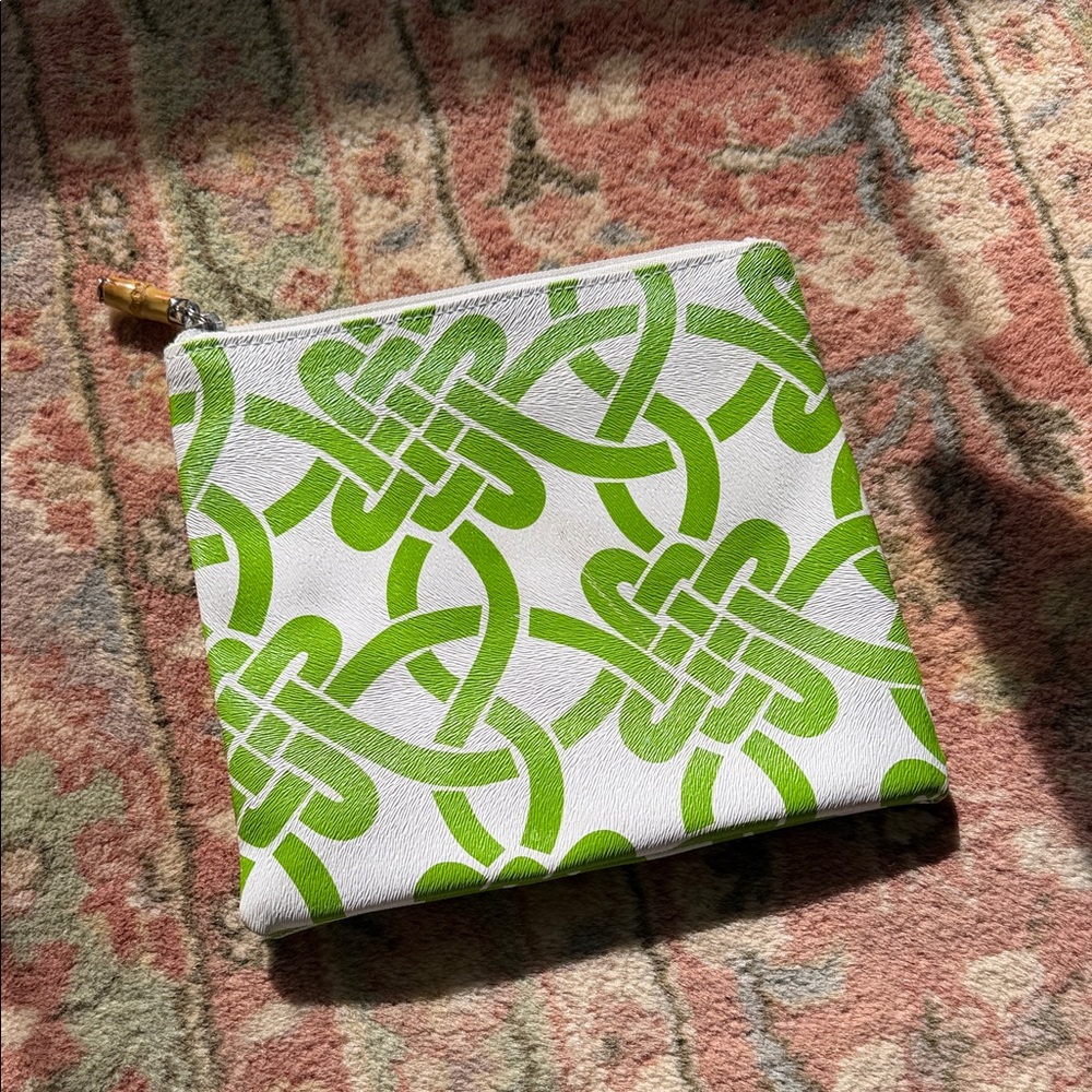 Toss Designs Green and White Patterned Pouch - Large cosmetic bag - bamboo pull!